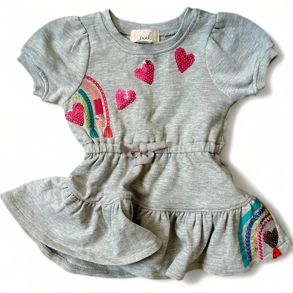 New Peek Toddler Girls Short Sleeve Sequin Dress Rainbow And Hearts size 2T